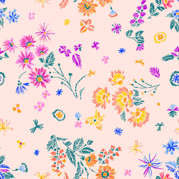 ilustrações de stock, clip art, desenhos animados e ícones de simple botanical seamless pattern. cute abstractive plants ornament. graphic pencil line sketch drawing. flowers, herbs and leaves. summer fashion design for textile, fabric, clothes and wrapping. - isolated flower beautiful nature