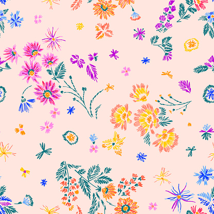 Simple botanical seamless pattern. Cute abstractive plants ornament. Graphic pencil line sketch drawing. Flowers, herbs and leaves. Summer fashion design for textile, fabric, clothes and wrapping.