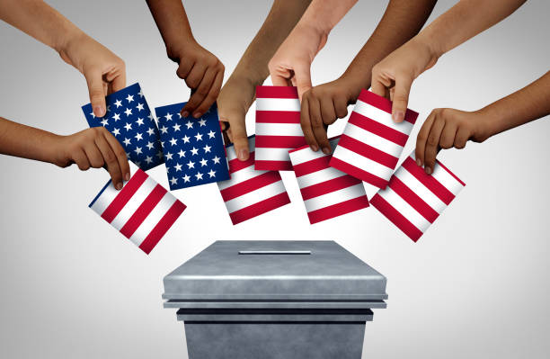 American Community Vote American community vote and US voting diversity concept and diverse hands casting United States ballots at a polling station as a USA democratic right in a democracy with 3D illustration elements. voting rights stock pictures, royalty-free photos & images
