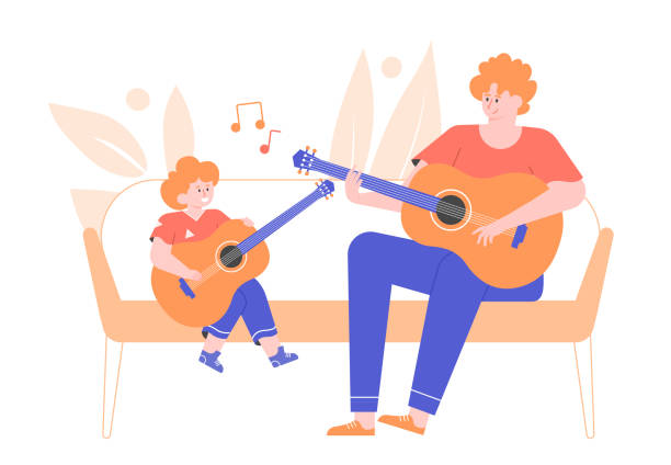 Lesson playing the guitar. Father and son make music. Home family concert. Children's hobbies and creativity. Cute flat characters. Lesson playing the guitar. Father and son make music. Home family concert. Children's hobbies and creativity. Cute flat characters. father and son guitar stock illustrations