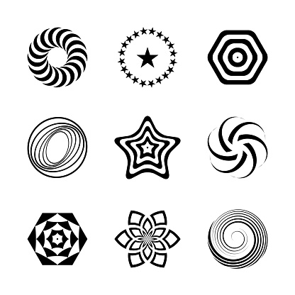 Design elements set. Abstract icons in star, spiral, circle and hexagon shape. Vector art.