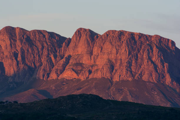 Helderberg mountains at sunset, pink colour.