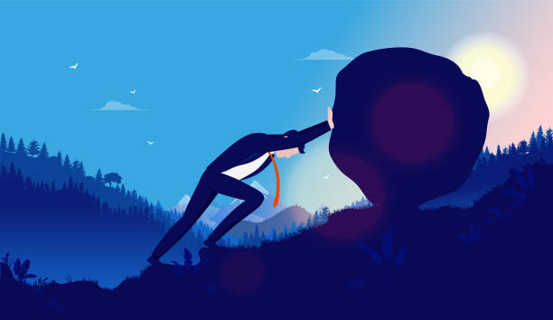 Heavy task and problems - Business man pushing heavy rock up hill with sun mountains and forest in background Hard work, reach success, overcome adversity concept. Vector illustration. boulder rock stock illustrations