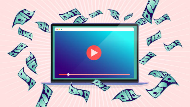 ilustrações de stock, clip art, desenhos animados e ícones de earn money on video content - laptop computer with videoclip on screen and dollars flying in air - youtube