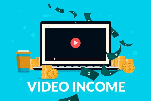 Vector illustration of Earn money on videos online - Laptop computer with video player on screen, coins, coffee and money around