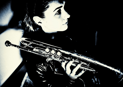 Trumpet, Player, vintage, dark, art, jazz, trumpet player, close-up, music, fun, bar, young woman,