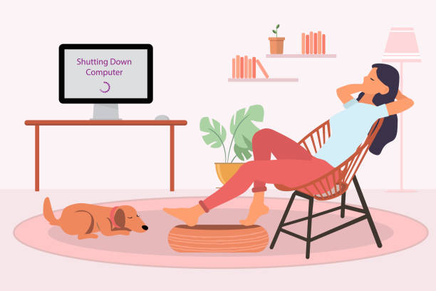 Young girl relaxing in chair next to shutting down personal computer on desk in living room. Digital detoxing concept Woman resting in a chair and personal computer shutting down in a living room at home. Digital detoxing concept. Copy space for design or text. Flat style vector illustration meditation room office stock illustrations