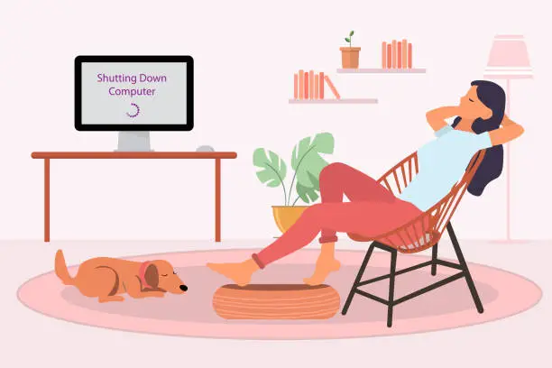 Vector illustration of Young girl relaxing in chair next to shutting down personal computer on desk in living room. Digital detoxing concept