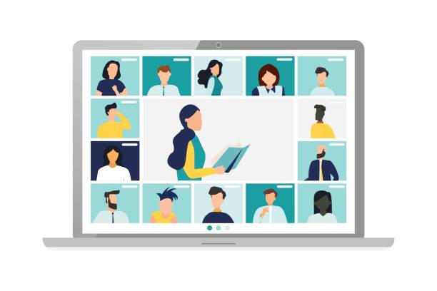 Conference video call, remote project management, quarantine, chat with friends. Vector illustration in a modern style. Conference video call, remote project management, quarantine, chat with friends. Vector illustration in a modern style. seminar stock illustrations