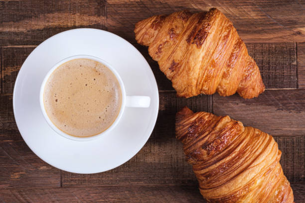 istock Directly above cap coffee cappuccino and two croissant 1227003529