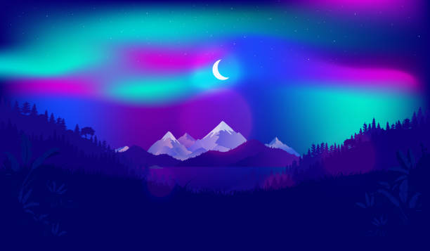 ilustrações, clipart, desenhos animados e ícones de luz do norte e lua sobre o topo da montanha - aurora borealis iceland astronomy tranquil scene