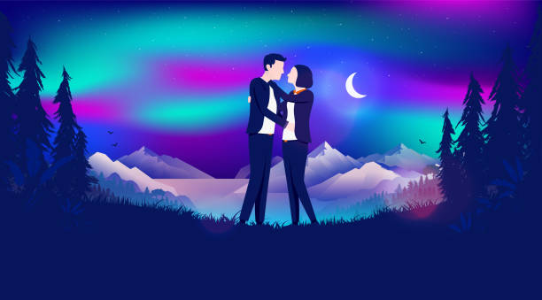 Romantic couple in northern light and moonlight landscape Magical sky with dancing lights, mountain, sea and forest in background. Romance, love and dating concept. Vector illustration. secret kiss stock illustrations
