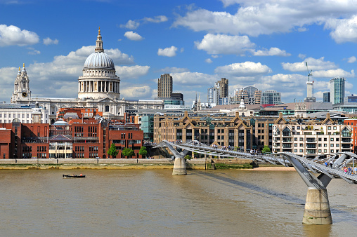 View over the Millennium Bridge and St Paul's Cathedral, River Thames, London, England, UK