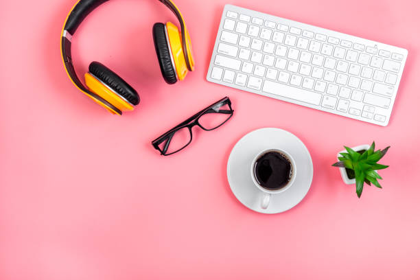 istock Flat lay webinar concept. headphones near laptop top-down copy space 1227005090
