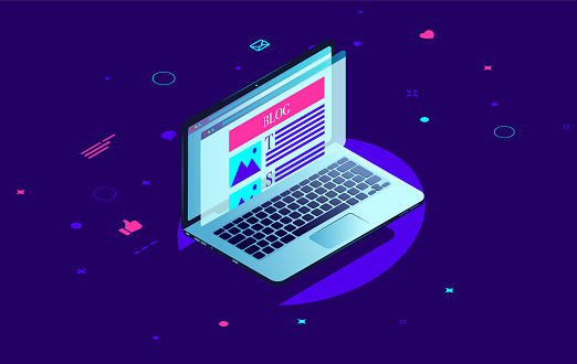 Blogging Laptop Computer With Blog On Screen In Isometric View With ...