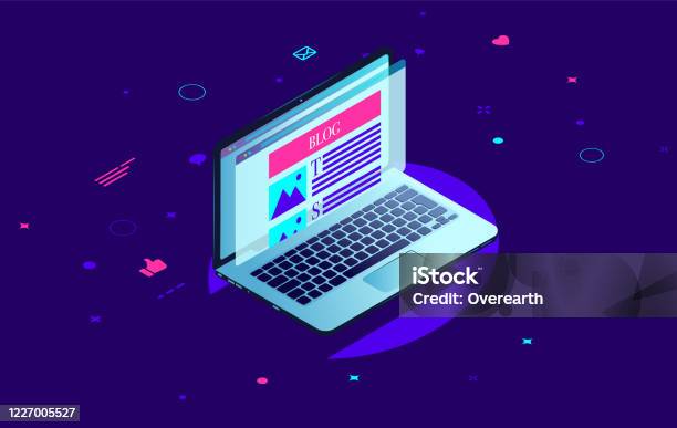 Blogging Laptop Computer With Blog On Screen In Isometric View With ...