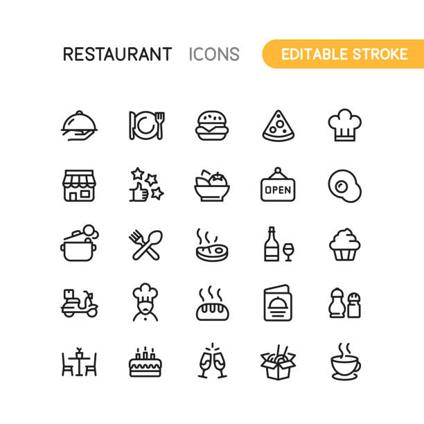 ilustraciones, imágenes clip art, dibujos animados e iconos de stock de iconos de esquema de restaurante trazo editable - café edificio de hostelería