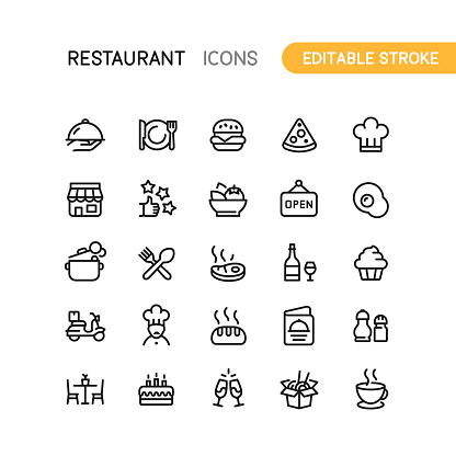 Set of restaurant outline vector icons. Editable Stroke.
