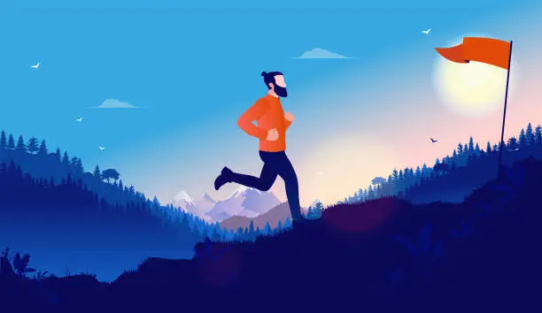 Vector illustration of Exercise goals - Man jogging or running uphill to reach his personal goal