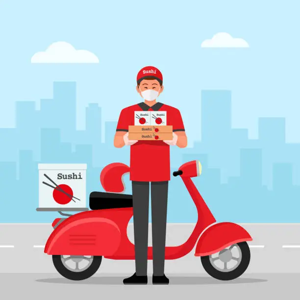 Vector illustration of Japanese Sushi delivery at home with delivery man on a scooter.