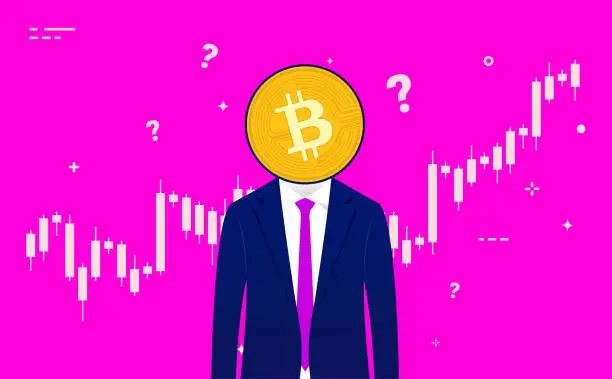 Vector illustration of Bitcoin trader - Anonymous man with suit and coin in front of face