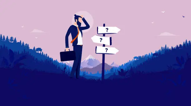 Vector illustration of Business decision - Modern businessman standing in front of signpost showing different directions