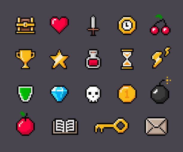 Pixel Game Outline Contoured Icons Set of pixel 8 bit games outline contoured vector icons. pixelated illustrations stock illustrations