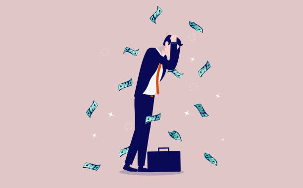 Money problems - Man trying to escape money being thrown at him causing stress and worries Unwanted cash, financial pressure, refusal and dirty money concept. Vector illustration. pennies from heaven stock illustrations