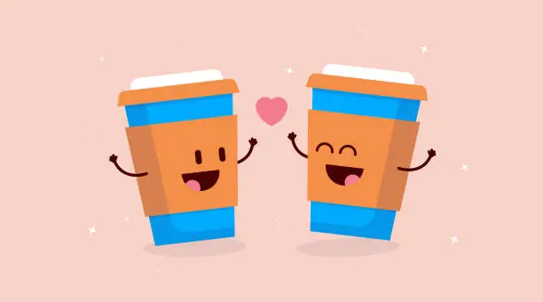 Vector illustration of Coffee love - Two happy cute takeaway coffee cups friends cheering with a heart between them