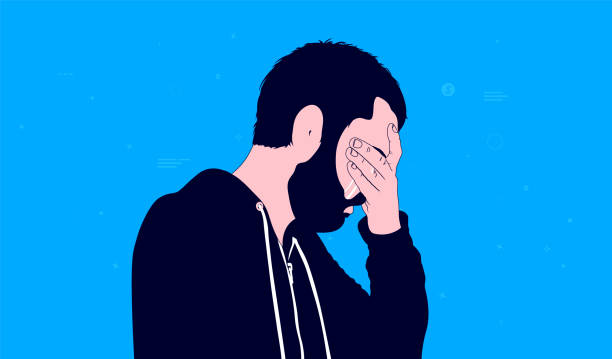 Crying male - Casual man in hoodie and beard, crying with hand covering face and tears rolling down Depressed man, sad and emotional concept. Vector illustration. man crying stock illustrations