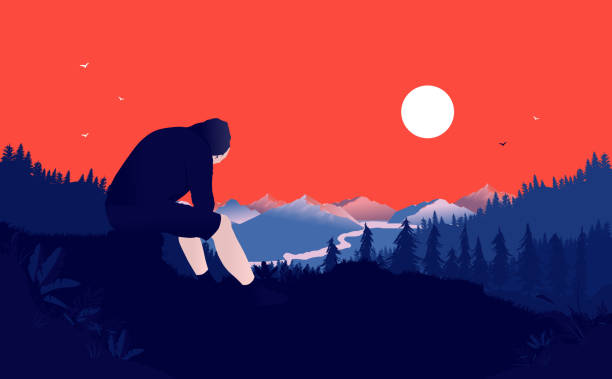 przygnębiony nastolatek siedzący samotnie w przyrodzie z czerwonym niebem i widokiem na dolinę - teenager dark pensive emotional stress stock illustrations