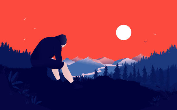 ilustrações, clipart, desenhos animados e ícones de adolescente deprimido sentado sozinho na natureza com céu vermelho e vista do vale - teenager dark pensive emotional stress