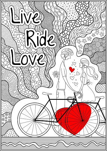 Couple of lovers with bicycles.  Poster on a bicycle theme. Can be used as a poster on the wall, print on a t-shirt, magazine cover, coloring page for adults.