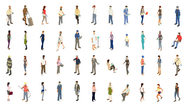In this icon set, 44 diverse people wear personal protection equipment (PPE) including face masks, bandanas, gloves, and face shields. Detailed illustrations include essential workers including police officers, a firefighter, chef, delivery person, and food service, healthcare, and construction workers. Remaining men and women are dressed for business, grocery shopping, working out, or simply stand or walk in casual clothing. Many are using mobile or tablet devices.