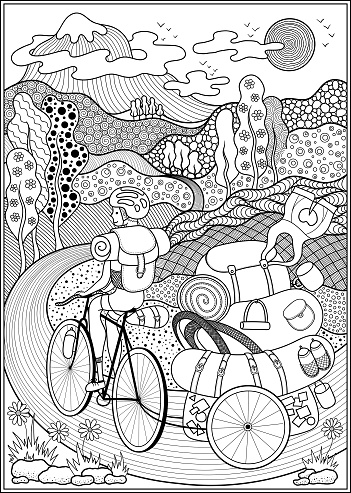 Tourist with luggage goes on a trip. Poster on a bicycle theme. Can be used as a poster on the wall, print on a t-shirt, magazine cover, coloring page for adults.