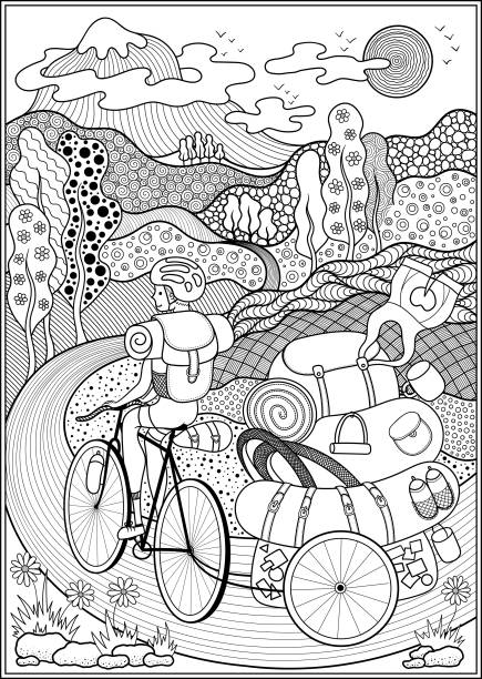 Poster on a bicycle theme. Tourist with luggage goes on a trip. Poster on a bicycle theme. Can be used as a poster on the wall, print on a t-shirt, magazine cover, coloring page for adults. coloring book cover stock illustrations