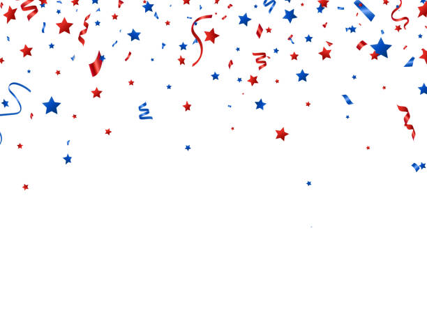 Usa banner. Red and blue celebration confetti and stars falling on white background. Happy Independence Day decoration. Bright design elements for Birthday party, invitation, web. Vector illustration Usa banner. Red and blue celebration confetti and stars falling on white background. Happy Independence Day decoration. Bright design elements for Birthday party, invitation, web. Vector illustration. blue white stock illustrations
