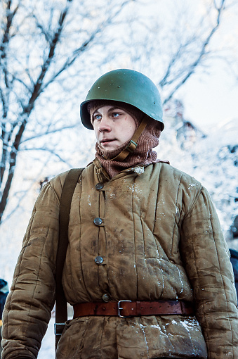St Petersburg, Russia - January 19, 2014: A war-historical event dedicated to the heroic defense of Leningrad during Second World War. A portrait of a  soldier