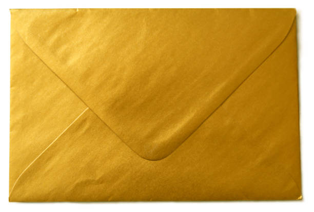 Golden envelope isolated on white background. Shiny gold envelopes, greeting card or invitation mailing for birthday, christmas, holiday or wedding.