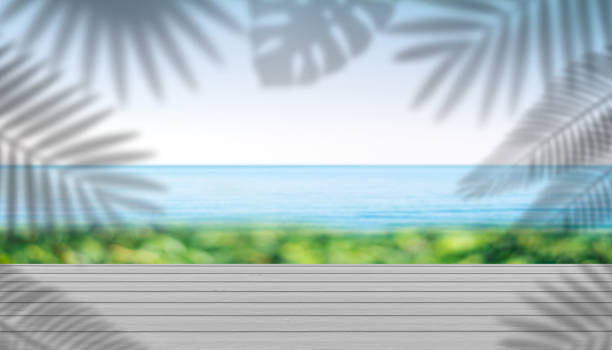 istock Empty wooden table and torpical tree leaves shadow with beach landscape background 1227017911