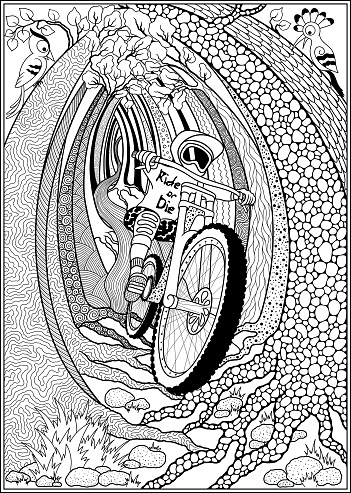 Downhill. A cyclist rides through the forest. Poster on a bicycle theme. Can be used as a poster on the wall, print on a t-shirt, magazine cover, coloring page for adults.