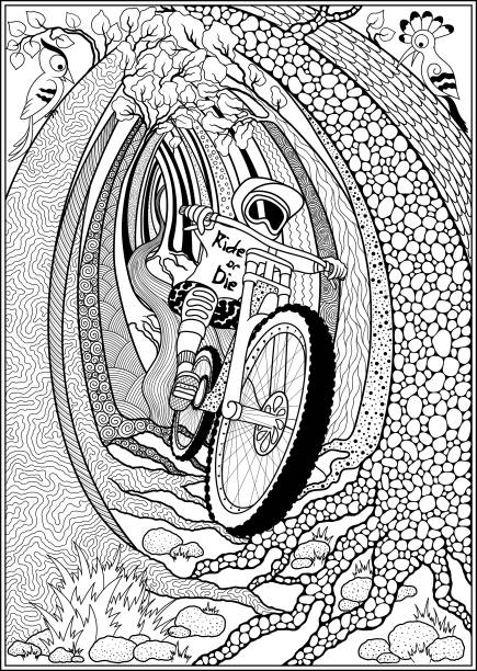 Downhill. A cyclist rides through the forest. Downhill. A cyclist rides through the forest. Poster on a bicycle theme. Can be used as a poster on the wall, print on a t-shirt, magazine cover, coloring page for adults. coloring book cover stock illustrations