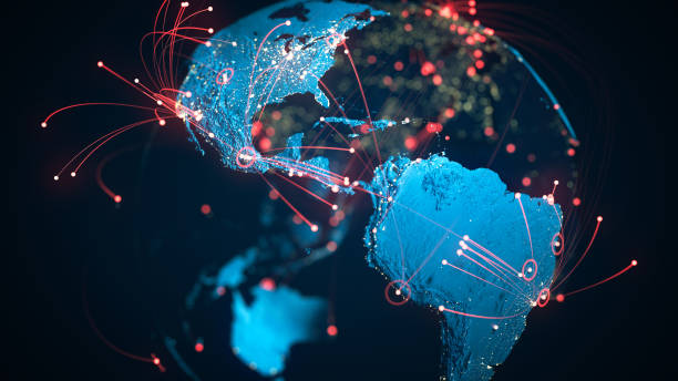 ameryka południowa i północna - trasy lotnicze, połączenia globalne, coronavirus - focus on usa i brazylia - map world map earth globe zdjęcia i obrazy z banku zdjęć