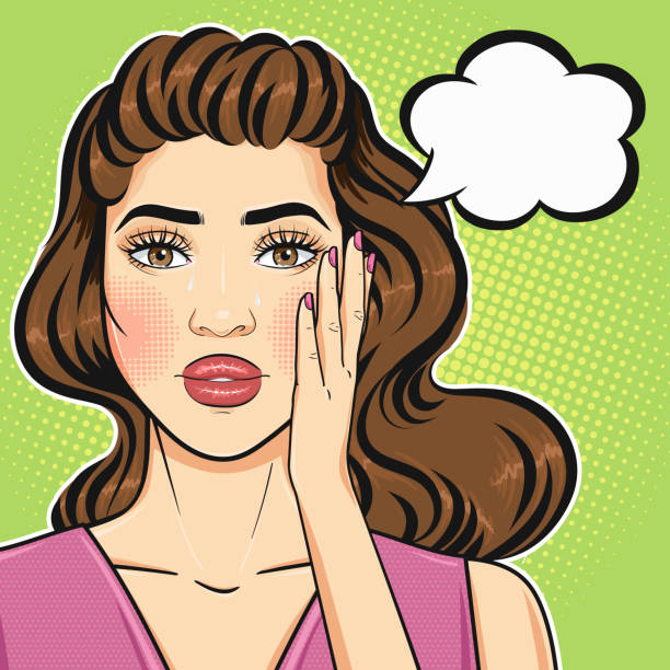 Cartoon pop art woman crying face with teardrops and speech cloud in retro comic style Cartoon pop art woman crying face with teardrops and speech cloud in retro comic style comic book women pop art distraught stock illustrations