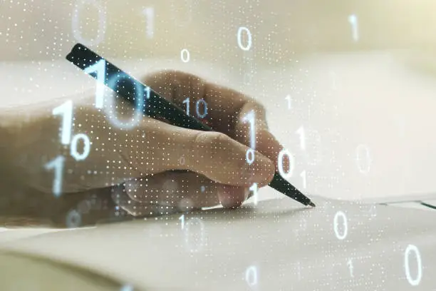Photo of Creative abstract binary code sketch and man hand writing in notepad on background, hacking and matrix concept. Multiexposure