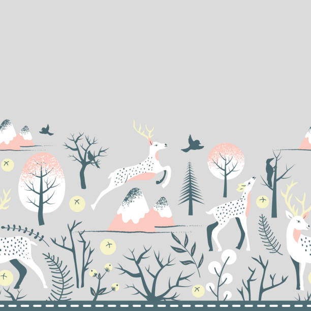 istock Cute Winters Landscape with Deers and Plant Vector Seamless Horizontal Border 1227022879
