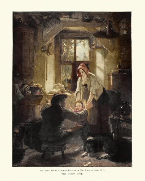 pierwszy krok dziecka w ramiona ojca, wiktoriański - couple love old fashioned traditional culture stock illustrations