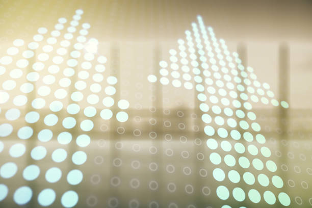 istock Double exposure of abstract virtual upward arrows hologram on empty modern office background. Ambition and challenge concept 1227023066