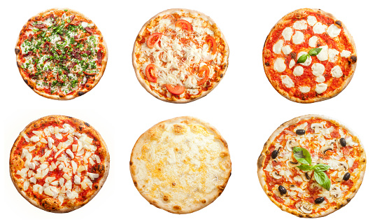 Seis conjuntos de pizza diferentes para el menú aislado sobre fondo blanco photo