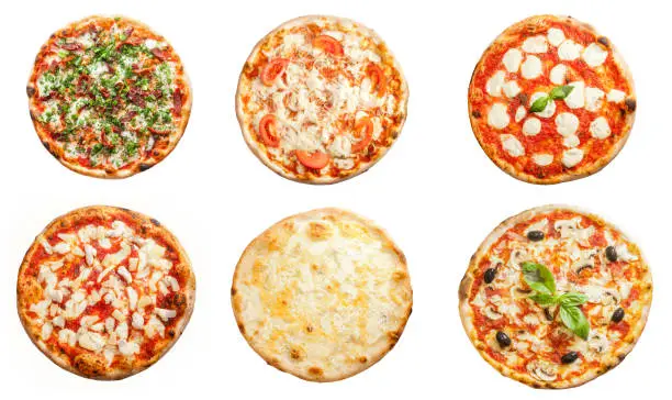 Six different pizza set for menu isolated on white background
